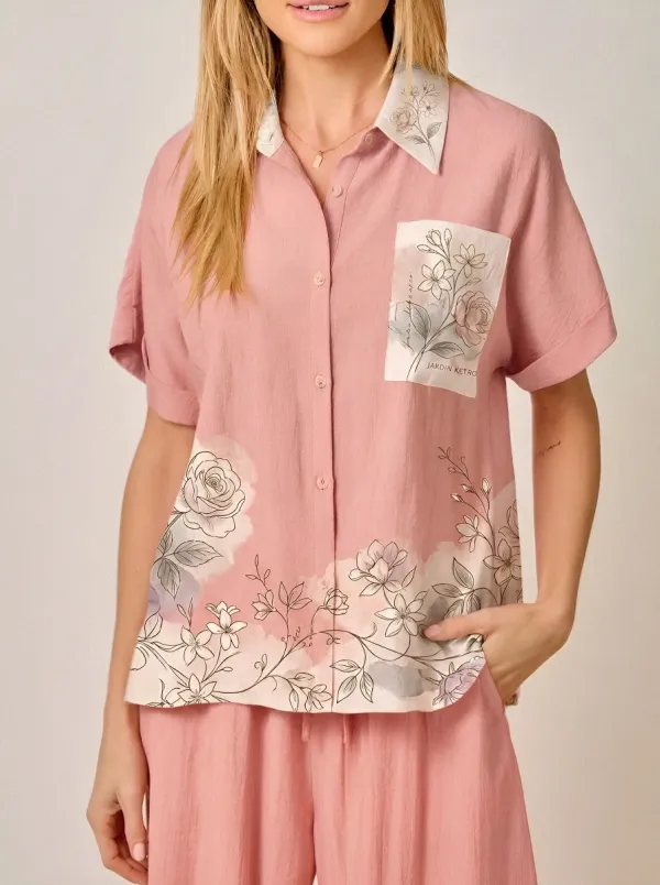 Women's Floral Garden Botanical Printed Button Down Shirt