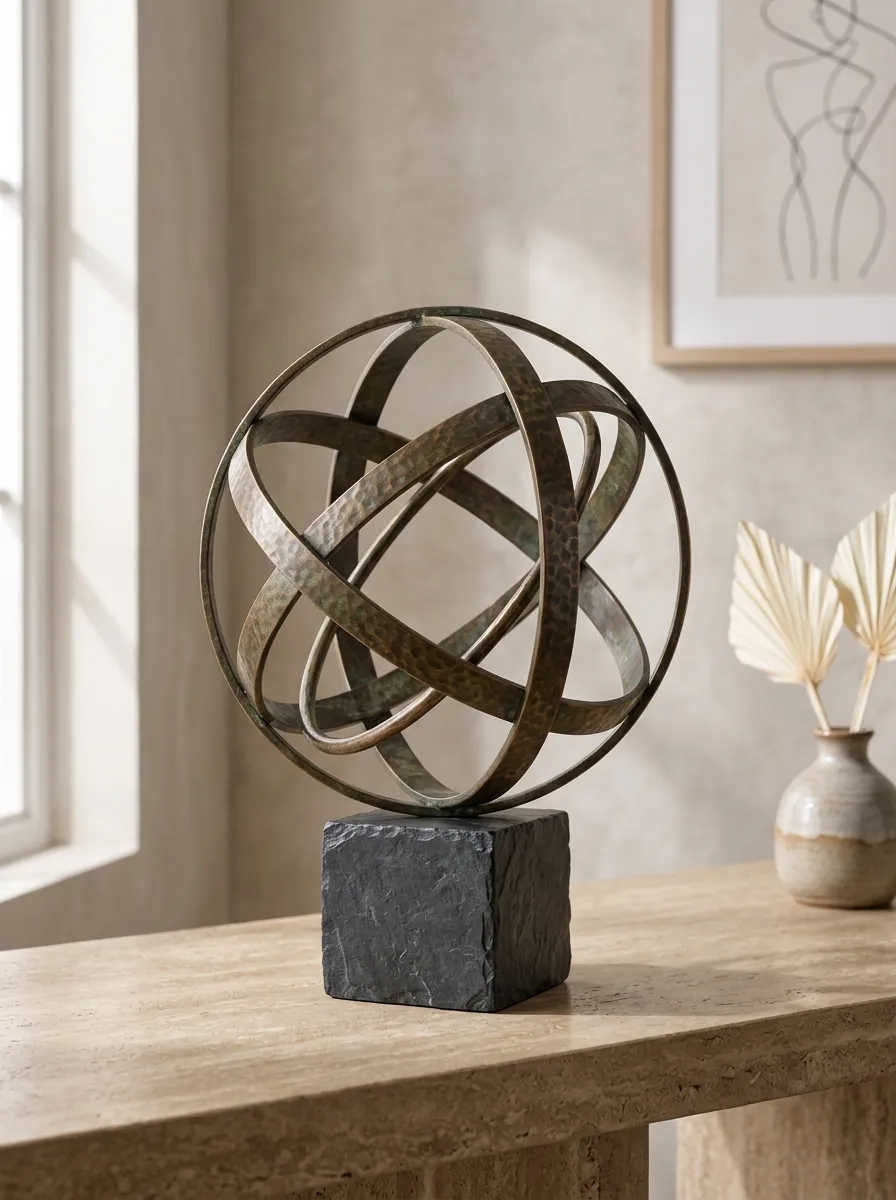 Contemporary Abstract Metal Sphere Hammered Bronze Table Ornament