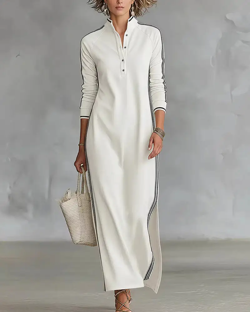 Sporty Chic Button Collar Maxi Dress with Side Stripes