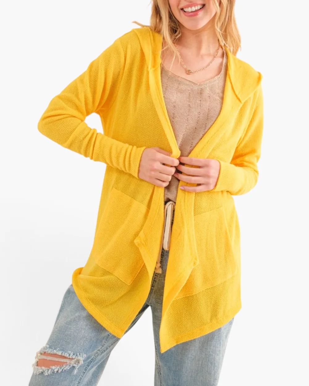 Textured Hooded Open-Front Cardigan