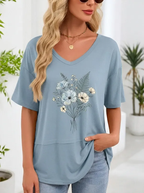 Women's Botanical Nature Bouquet Printed V-Neck T-Shirt