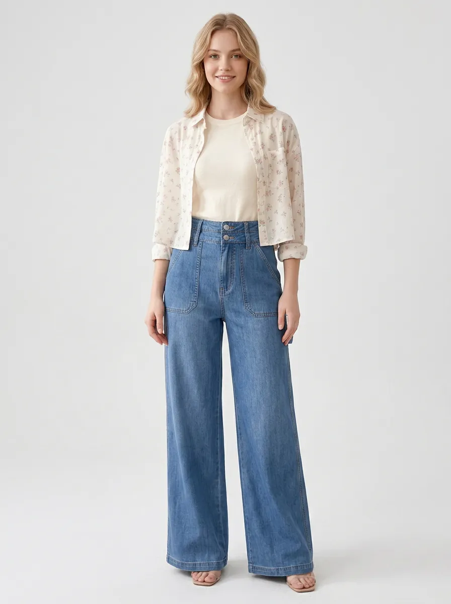 Women's Casual Vintage Style High Waisted Wide Leg Denim Jeans