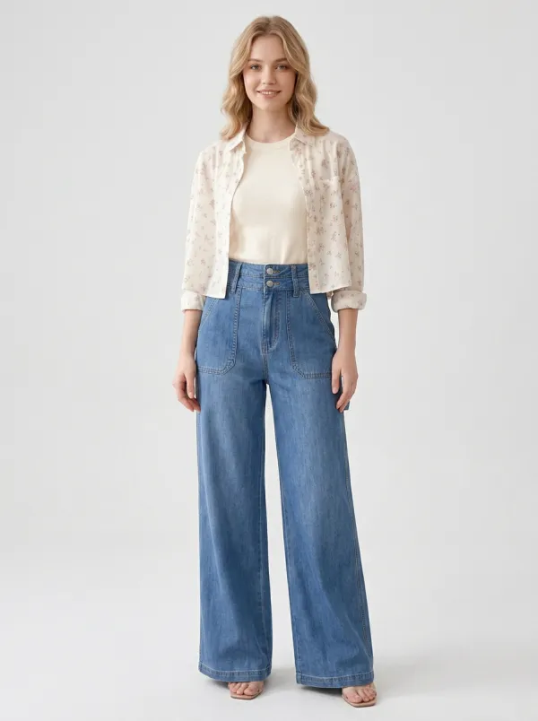 Women's Casual Vintage Style High Waisted Wide Leg Denim Jeans