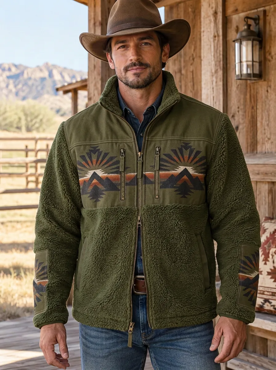 Ranch House Mountain Aztec Country Style Men's Western Fleece Jacket