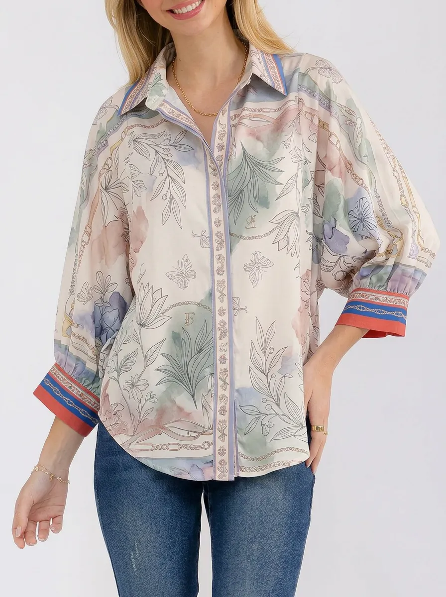 Women's Floral Butterfly Chain Pattern Printed Button-Up Shirt