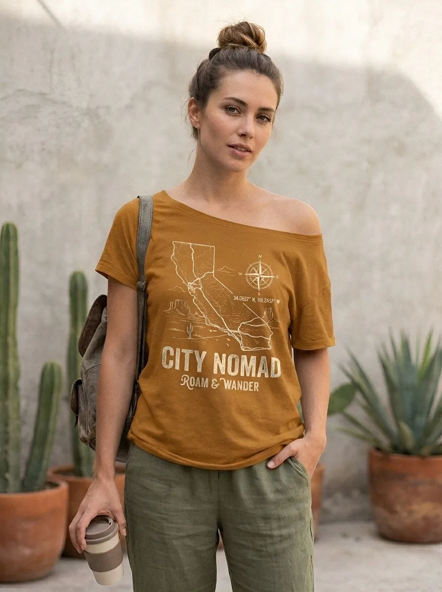Women's Travel Lover California Map Compass Printed T-shirt