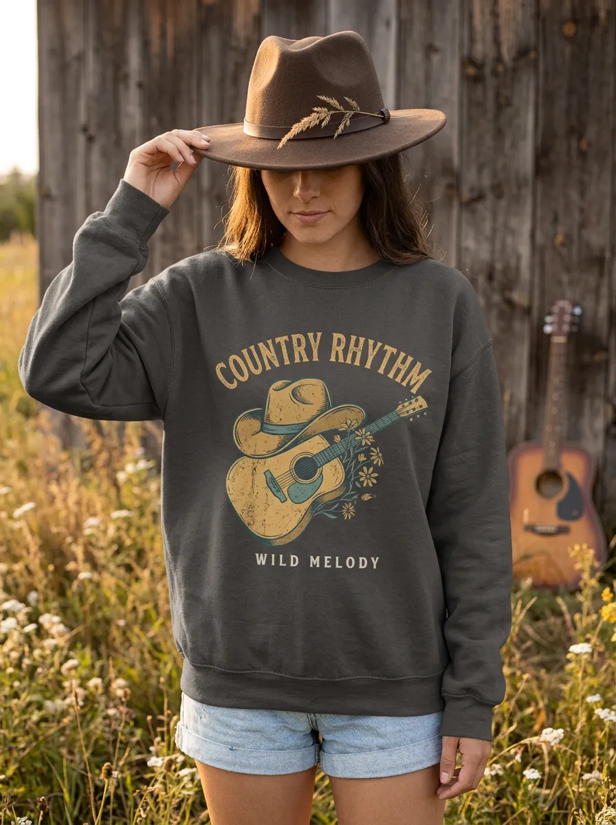 Cowboy-Hat Women's Country Music Crew Neck Sweatshirt