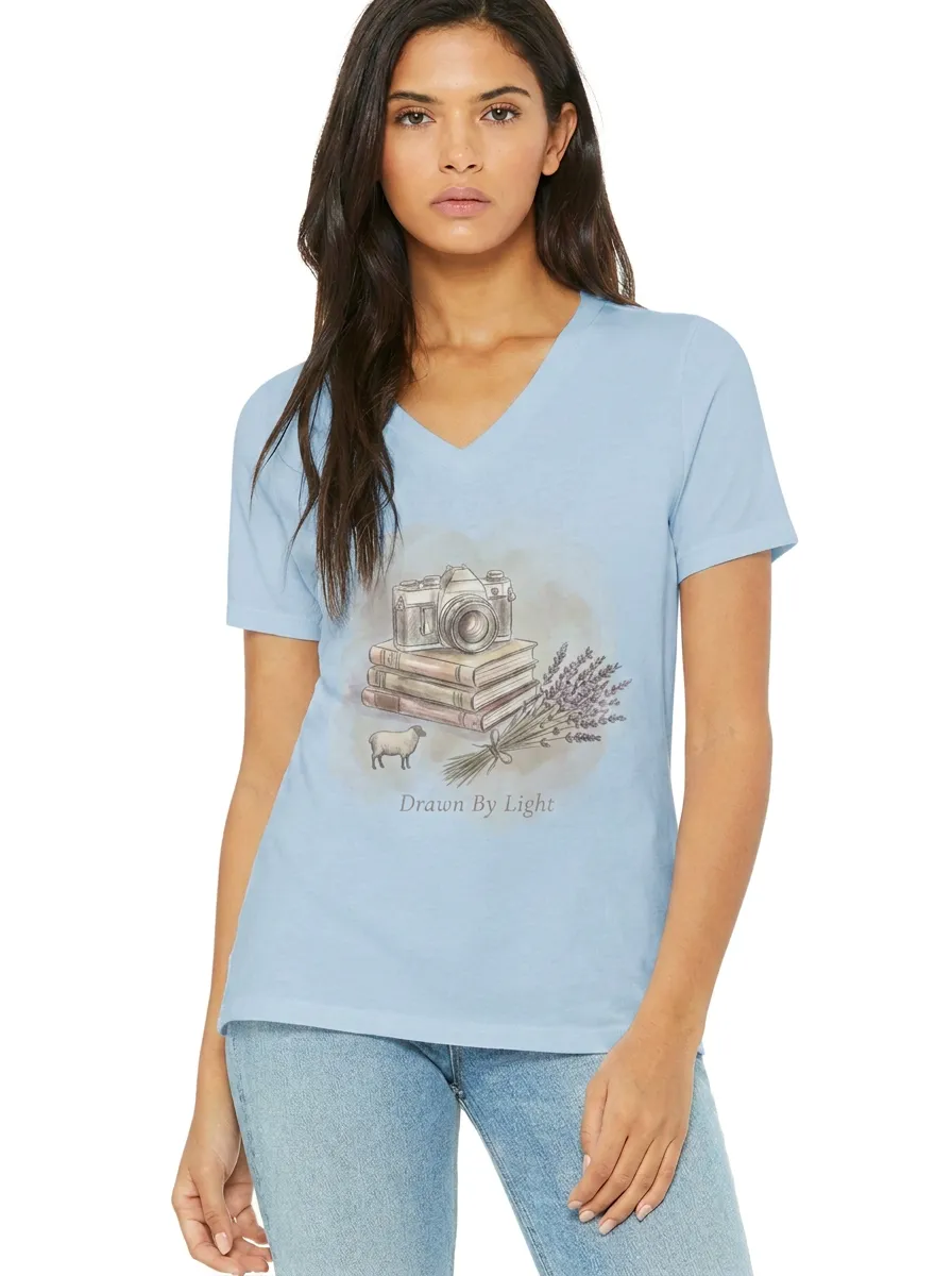 Women's Photography Book Lover Lavender Sheep Printed V-neck T-shirt