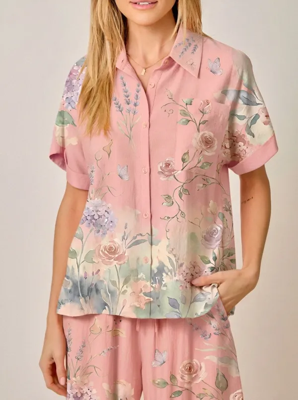 Women's Floral Butterfly Garden Botanical Printed Button-up Shirt
