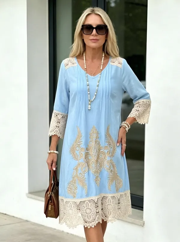 Women's Summer Vacation Floral Embroidery Lace Trim Printed Dress