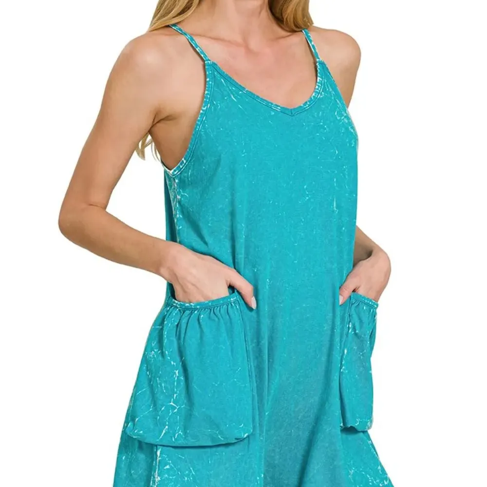 Acid Crinkle Washed Spaghetti Strap Romper