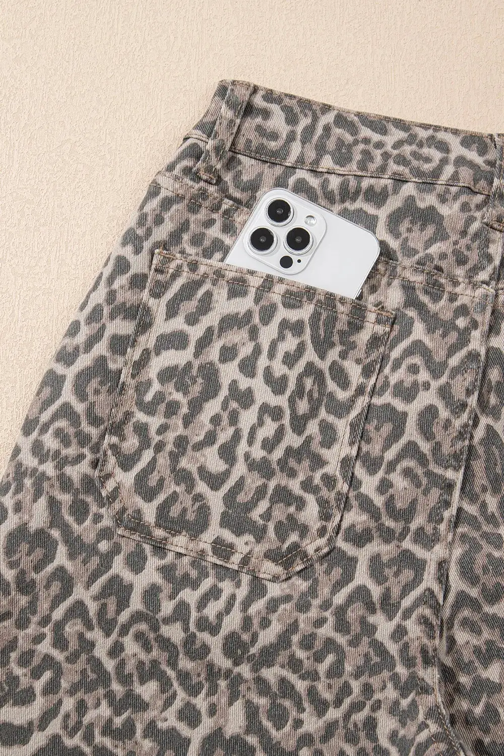 Denim Leopard Print High Rise Wide Leg Jeans