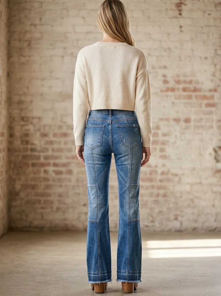 Women's Vintage Style Distressed Patchwork High-Waisted Flare Jeans