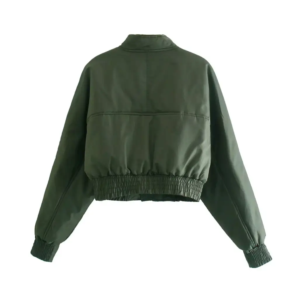 Cropped Quilted Zip Front Bomber Jacket