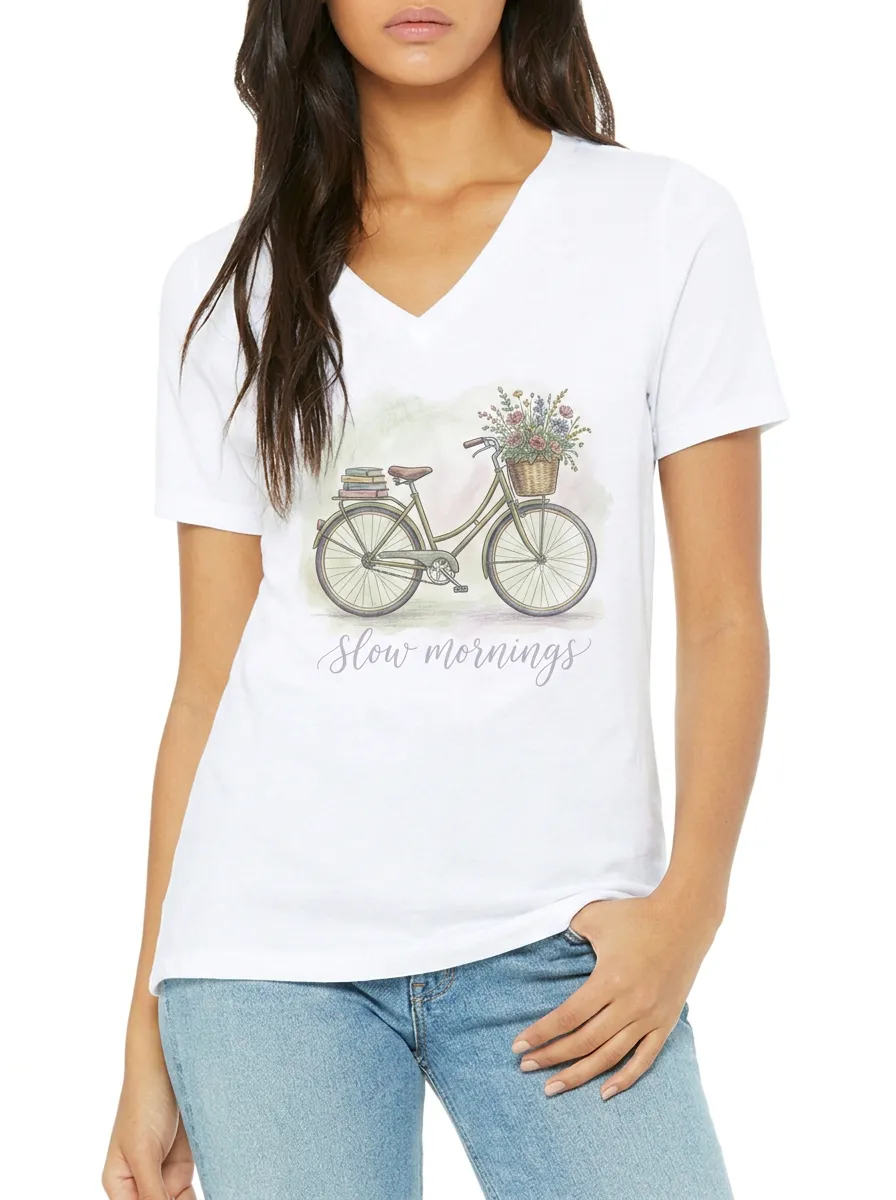 Women's Slow Mornings Bicycle Flower Basket Printed V-neck T-shirt