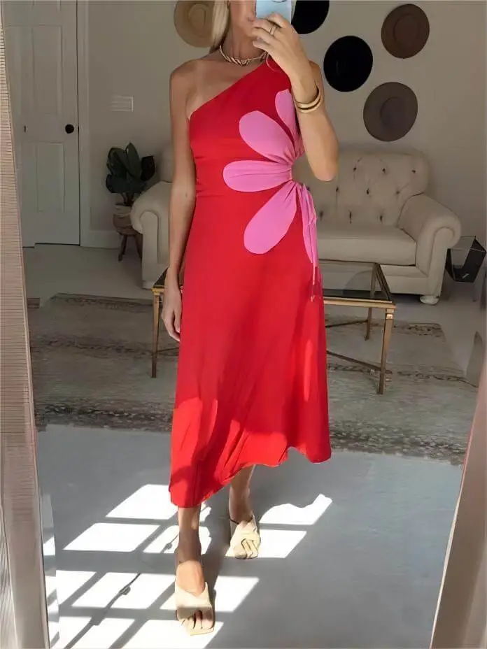 Positioned Floral Print Off Shoulder Midi Dress