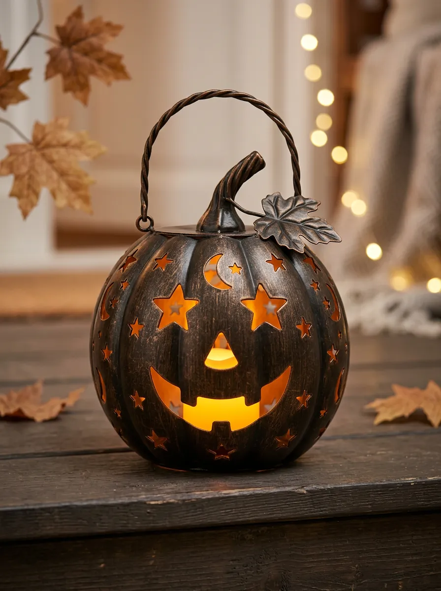 Star-Moon Cutout Metal-Look Halloween Pumpkin Light