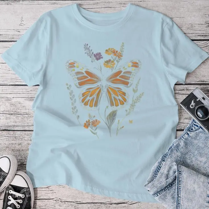 Vintage Monarch Butterfly Verbena Flower Women T-shirt