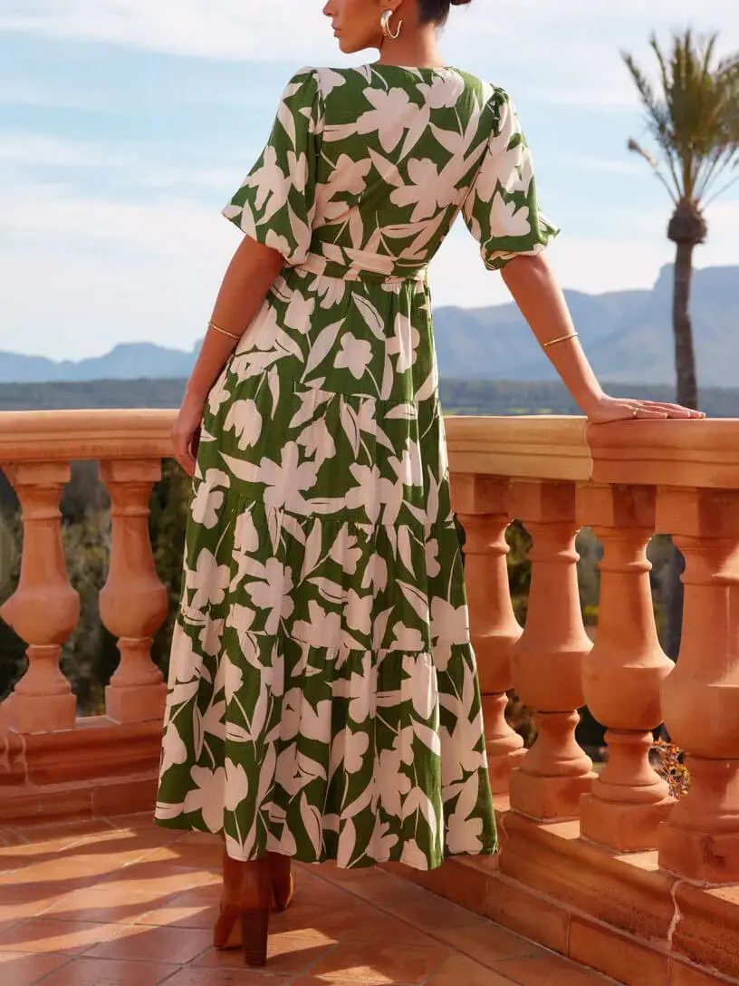 V Neck Short Sleeved Slit Printed Midi Dress