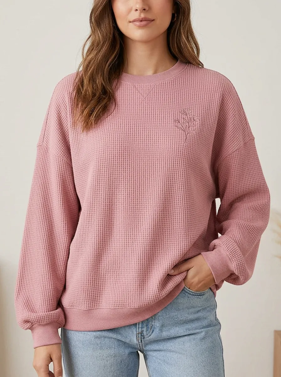 Women's Minimalist Floral Waffle Knit Pink Printed Sweatshirt