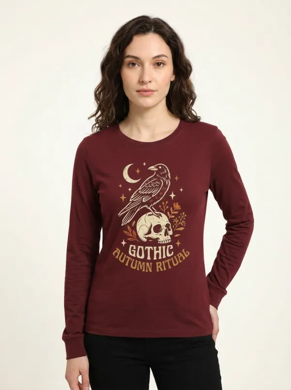 Women's Halloween Gothic Raven Skull Autumn Ritual Printed Long Sleeve T-shirt