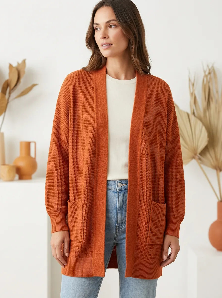 Transitional Waffle-Knit Knit Cardigan