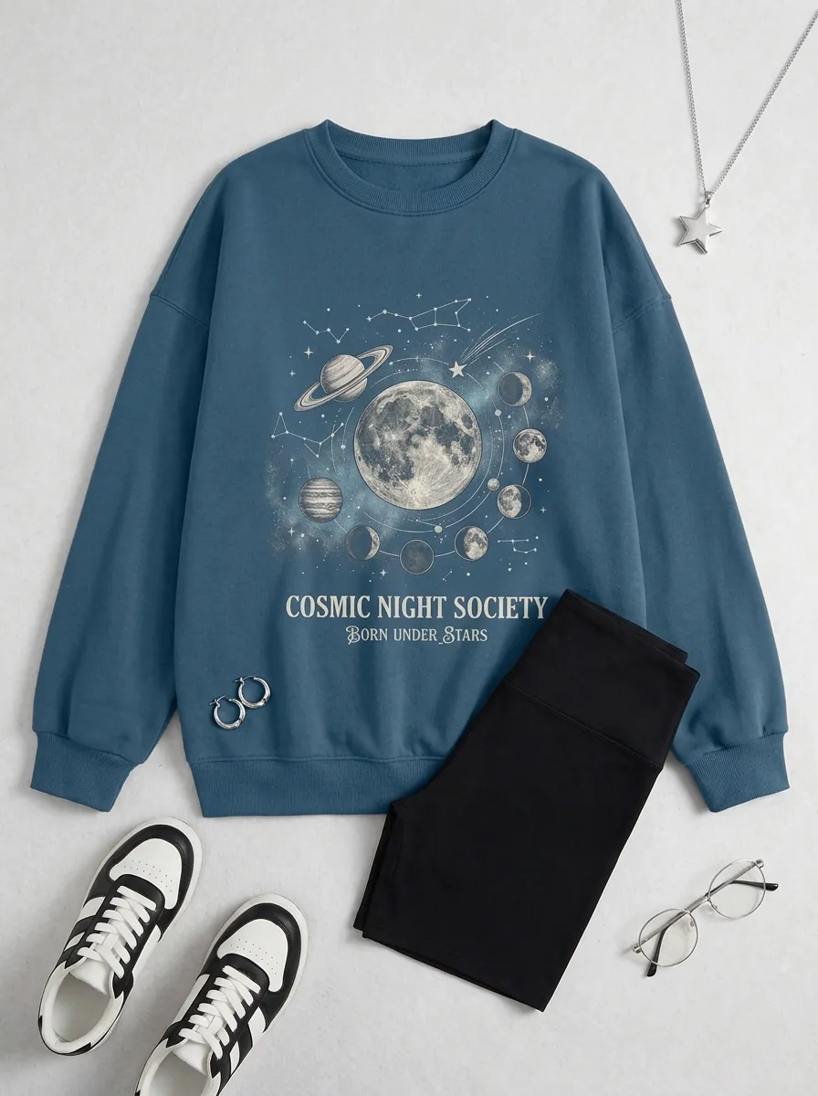 Women's Astronomy Lover Cosmic Moon Planets Printed T-shirt