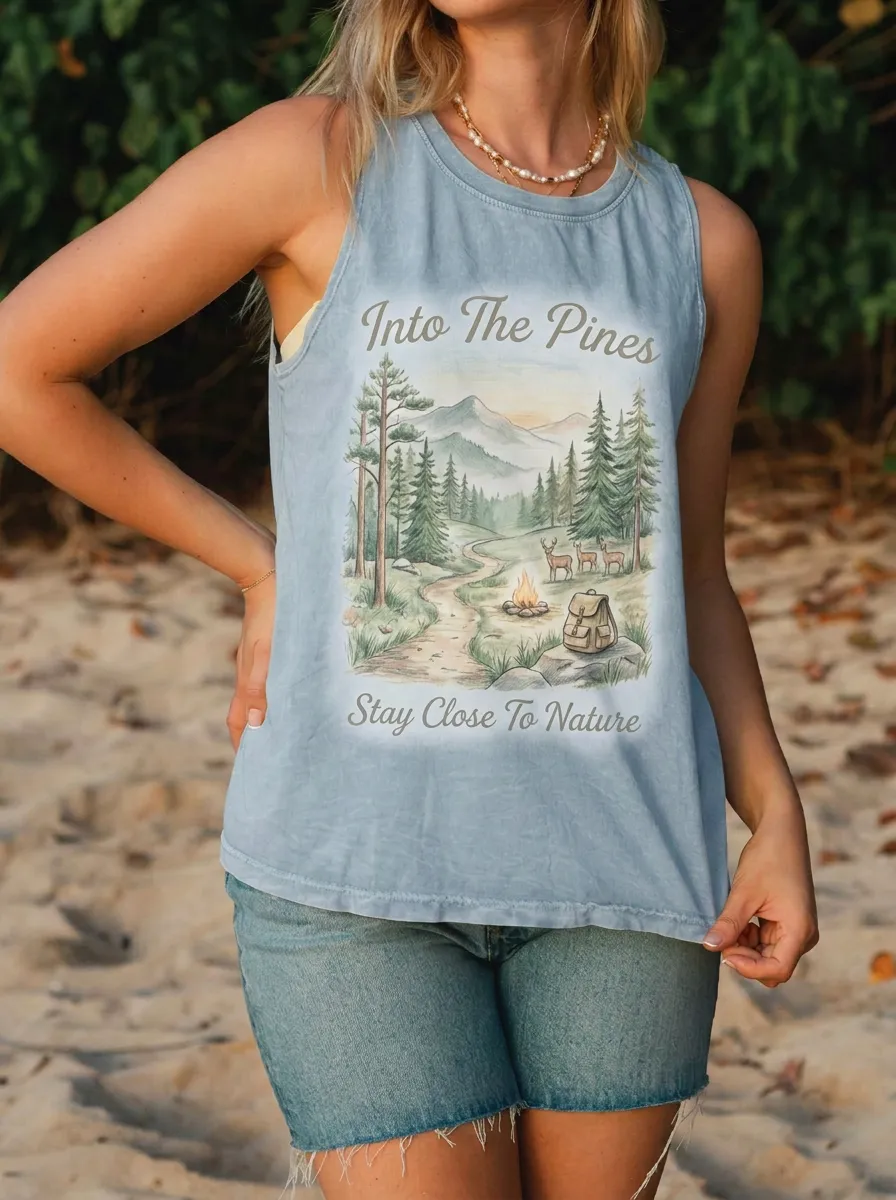 Women's Nature Lover Forest Deer Campfire Printed Tank Top