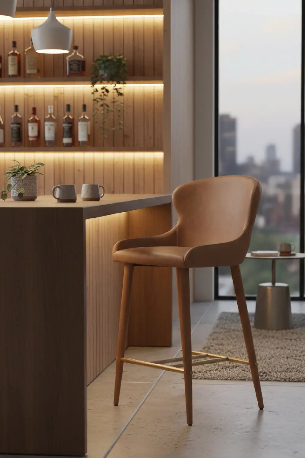 Shell-Seat Leather Counter Stool