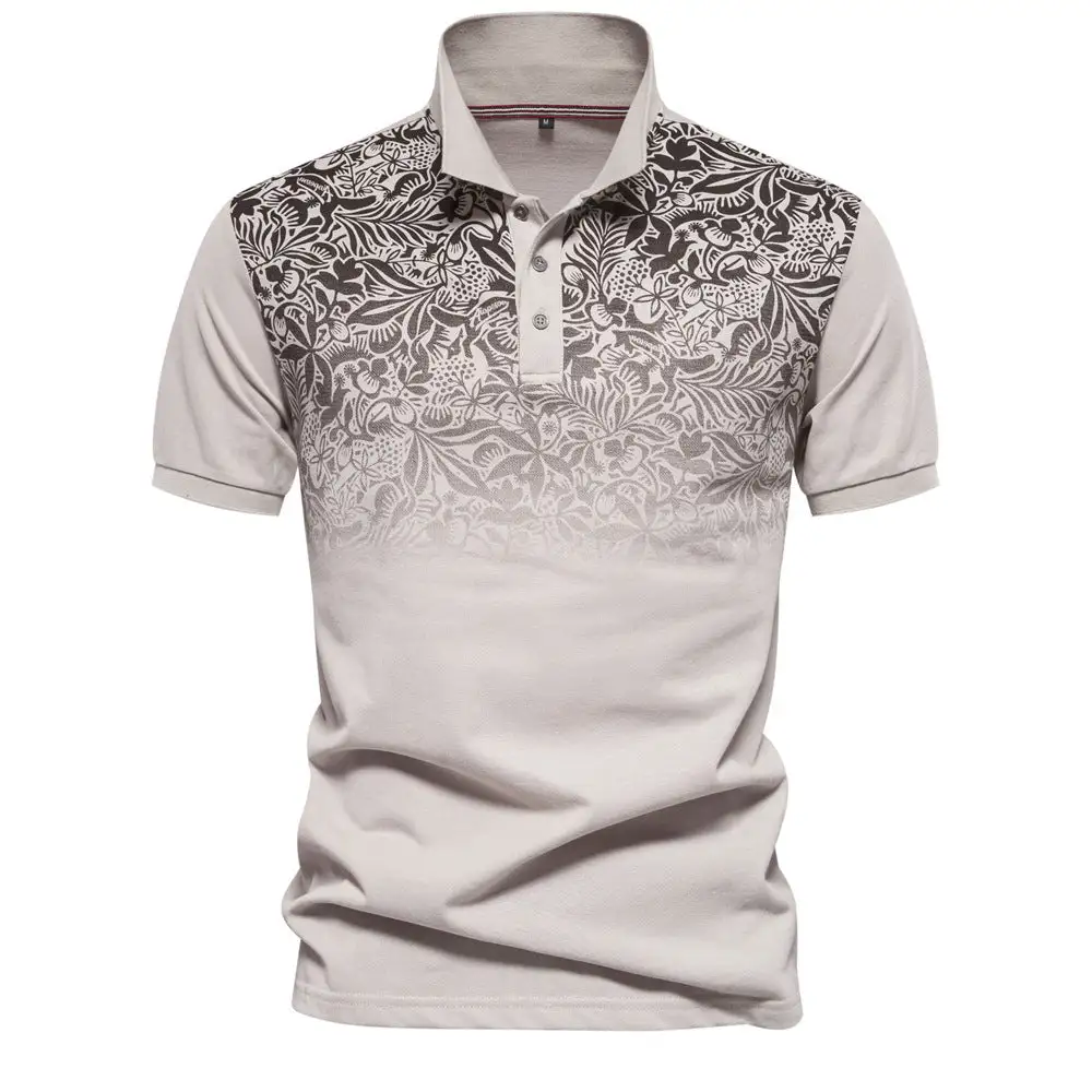 Men's Polo Shirt With Floral Gradient Pattern Classic Collar And Subtle Button Placket
