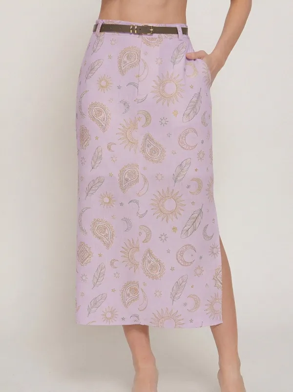 Women's Boho Celestial Paisley Feather Printed Midi Skirt