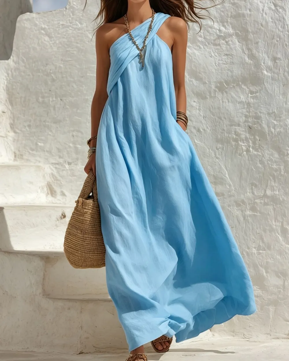 One-Shoulder Twist Ruched Loose Dress