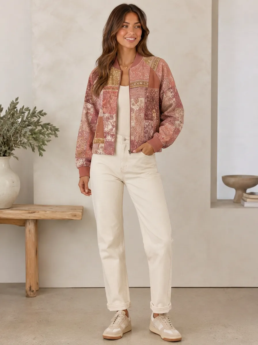 Women's Boho Paisley Patchwork Ribbed Trim Bomber Jacket