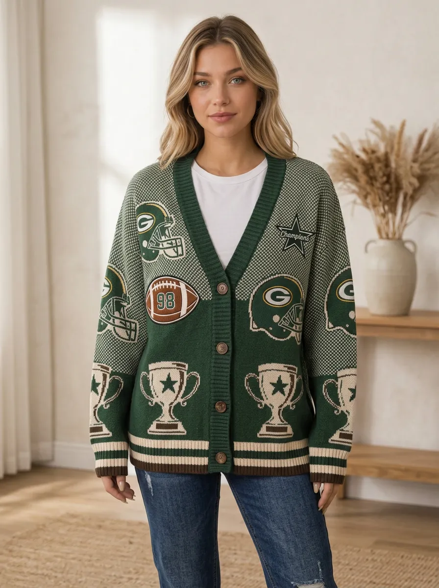Women's Classic Weekend Gridiron Helmet Trophy Ball Knit Cardigan
