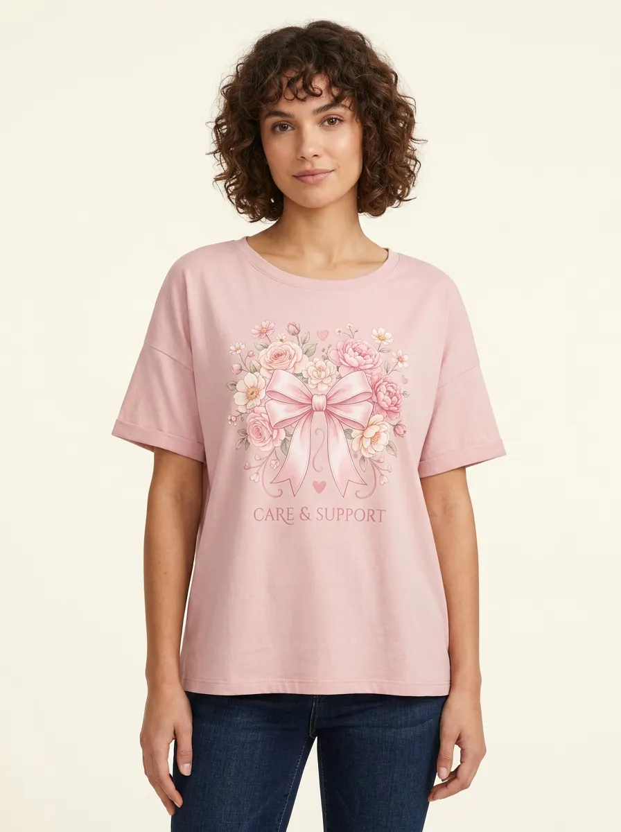 Women's Breast Cancer Awareness Floral Bow Printed T-shirt