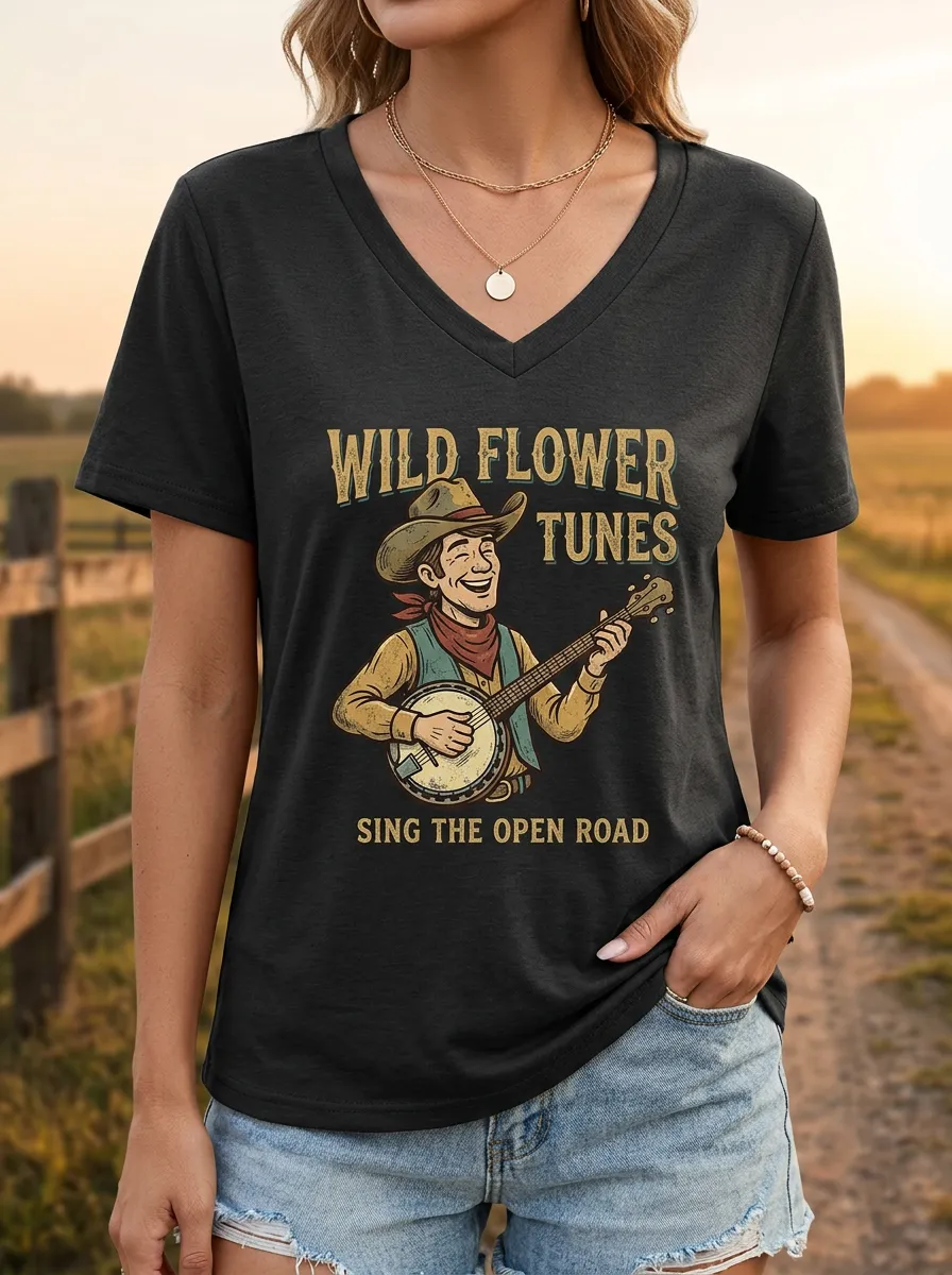 Western-Inspired Decorative Women's Country Music V-Neck T-Shirt
