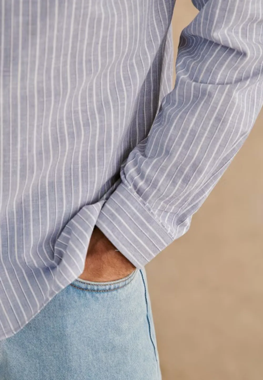 Light Blue White Thin Stripe Cotton Linen Blend Shirt