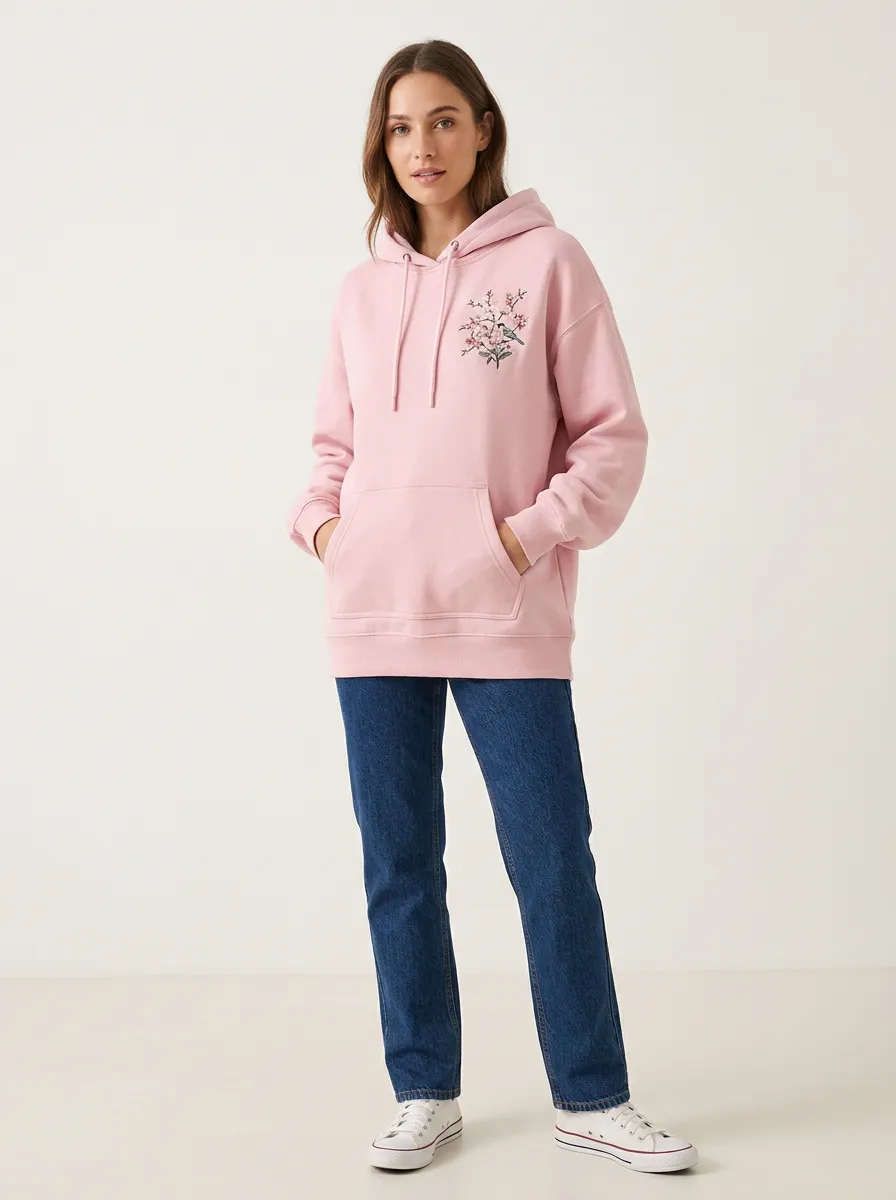 Women's Cherry Blossom Bird Floral Printed Pink Hoodie