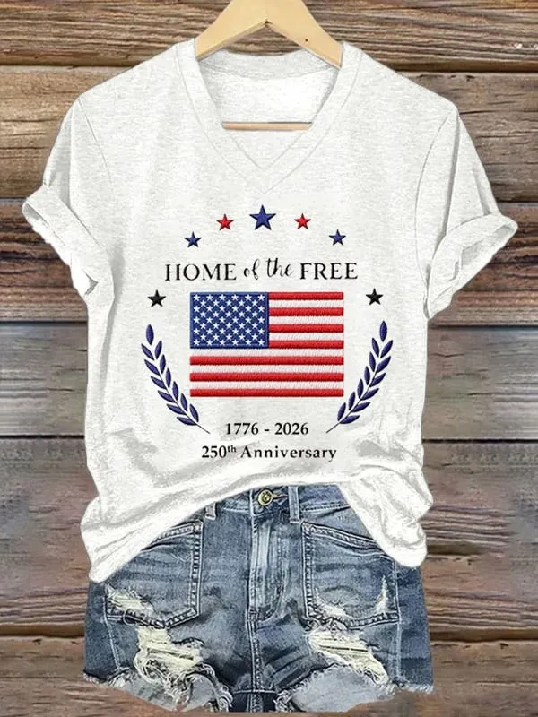Women'S American 250Th Anniversary Flag V-Neck Short Sleeve Knitted Shirt