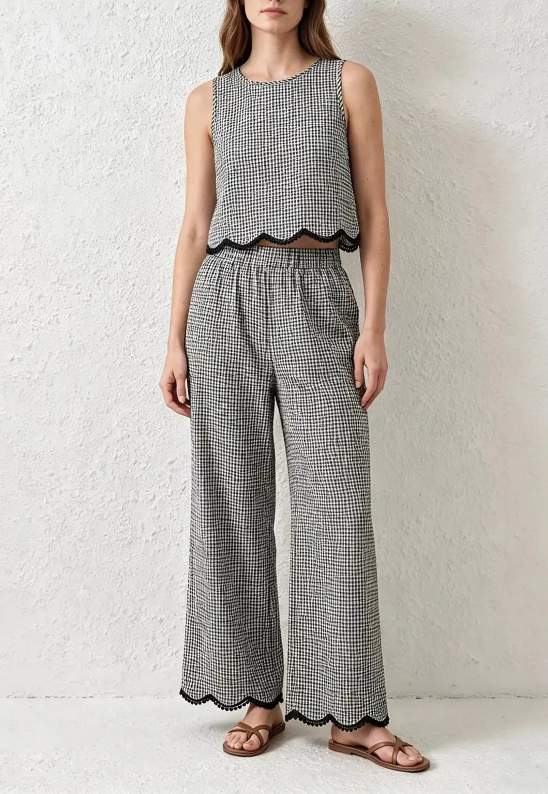 Scalloped-Trim Pants Matching Set