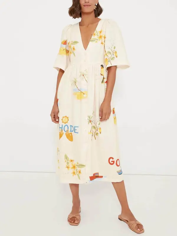 Folk Floral Print Puff Sleeve Midi Dress