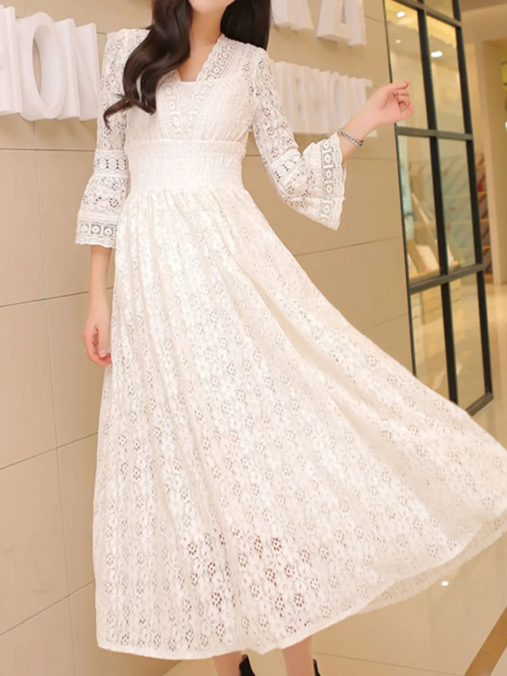 Lace Three Quarter Sleeve Midi Dress