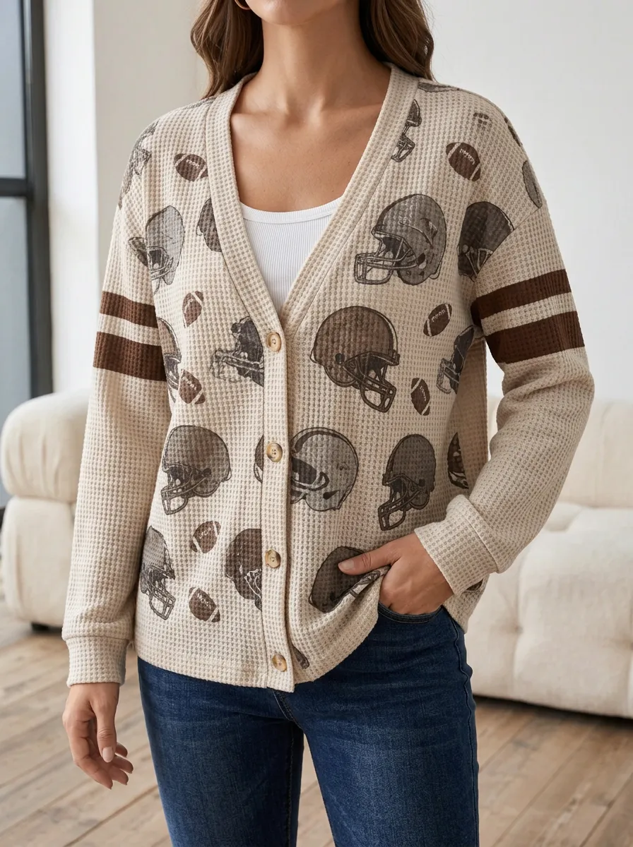 Women's Game Day Football Fan Helmet Pattern Printed Waffle Knit Cardigan