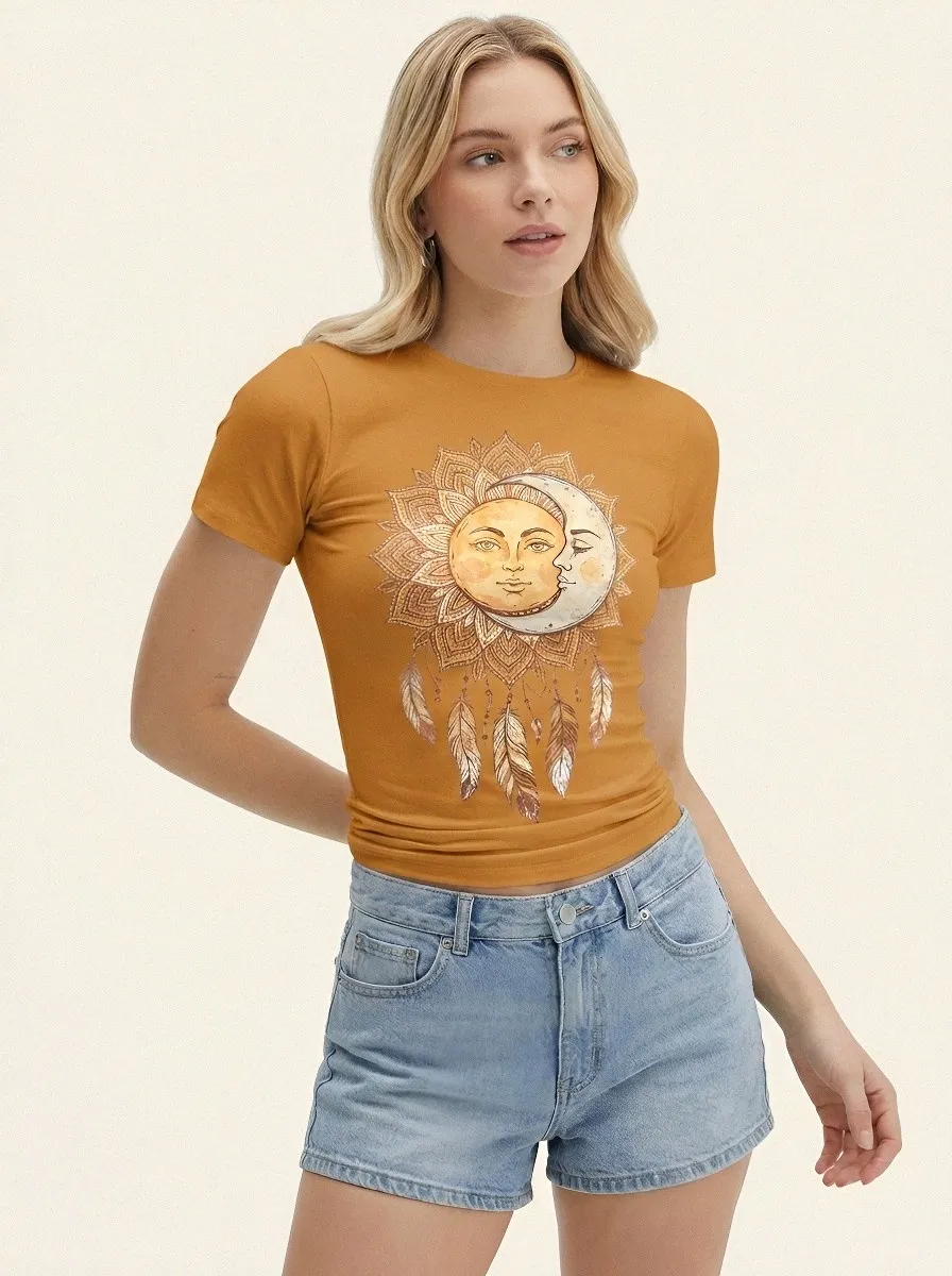 Women's Celestial Boho Sun Moon Dreamcatcher Printed T-shirt