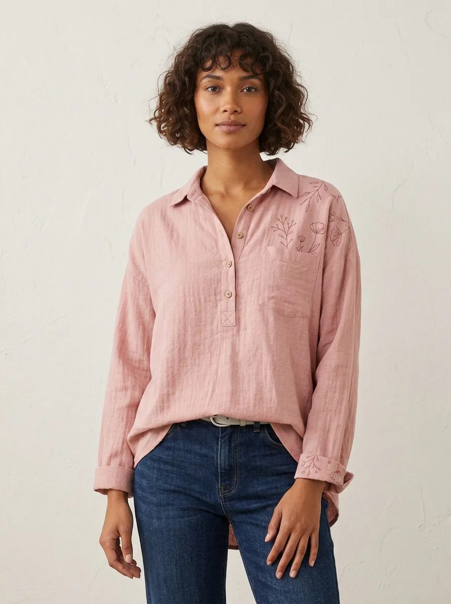 Women's Pink Floral Line Art Printed Button-Up Shirt