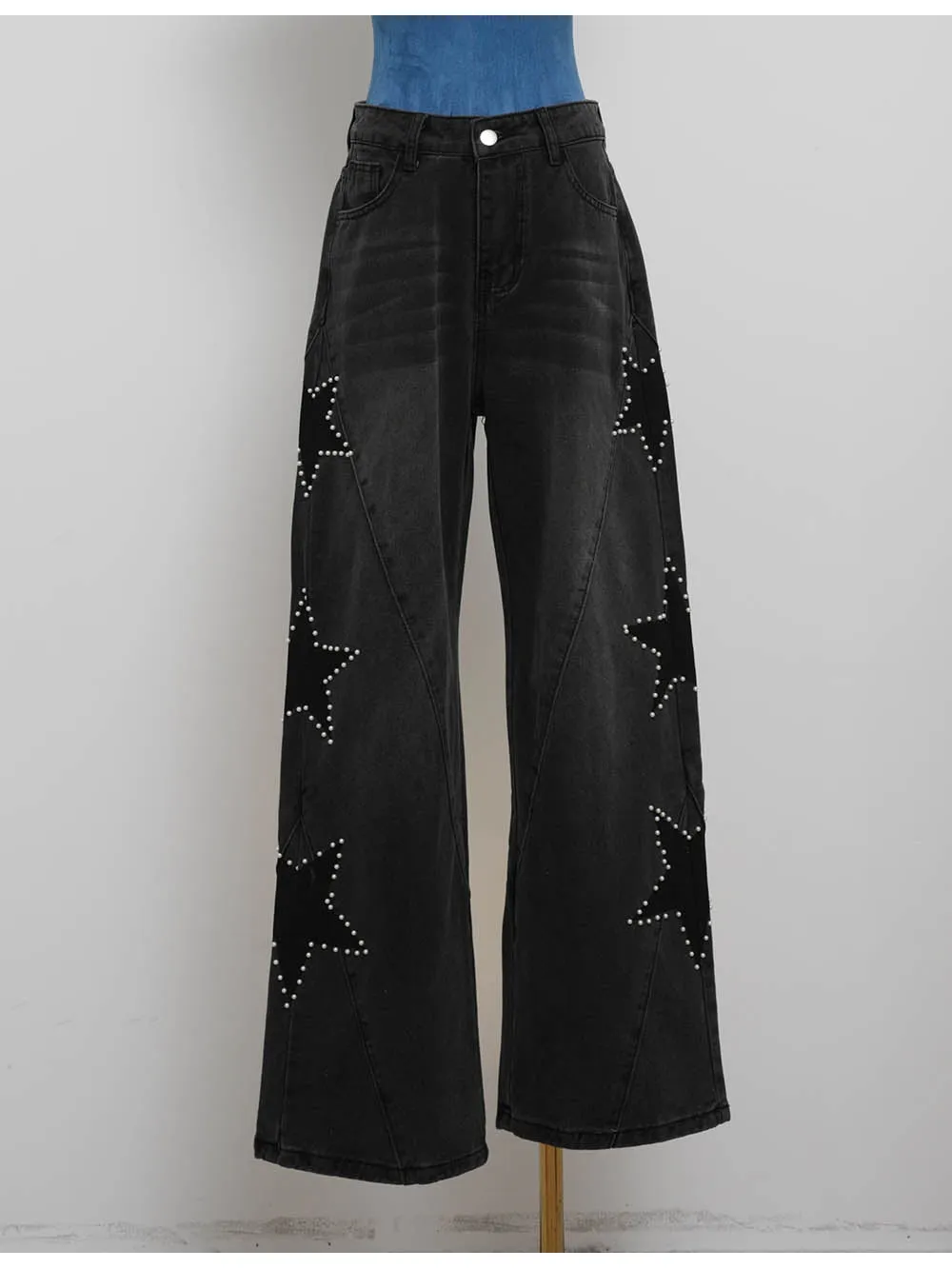 Faux Pearl Star Button Fly Wide Leg Denim Pants