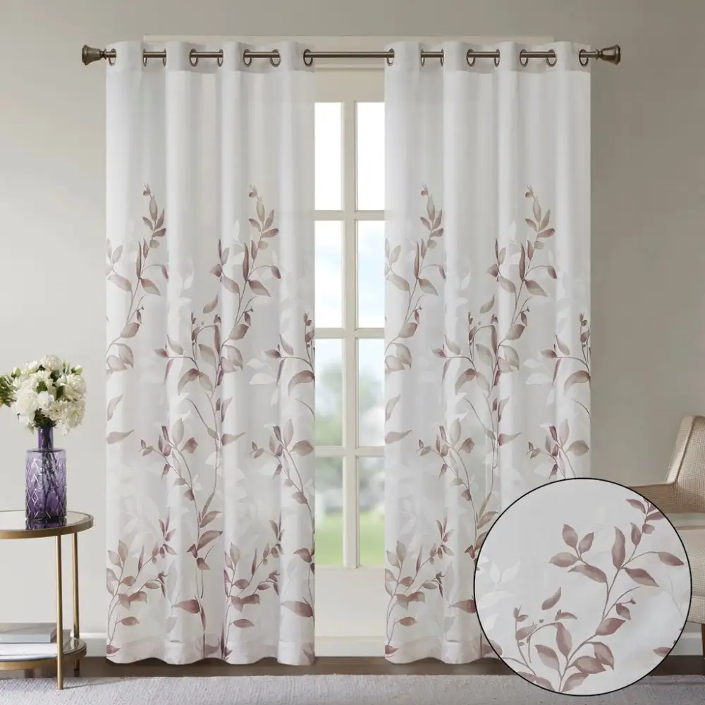 Clean-Lined Semi-Sheer Polyester Botanical Grommet Curtain Panel
