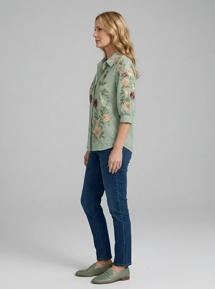 Women's Breast Cancer Awareness Rose Floral Embroidered Printed Shirt