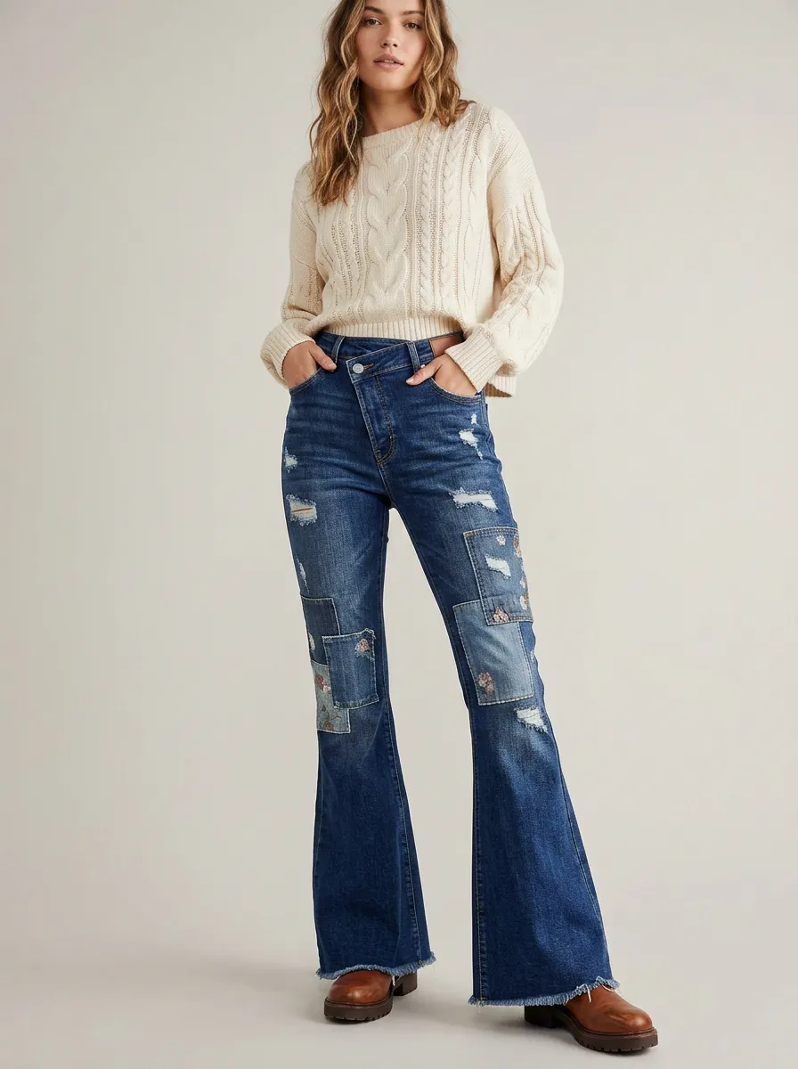 Women's Vintage Floral Patchwork Distressed Printed Jeans