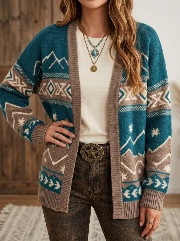 Women's Western Boho Mountain Geometric Pattern Knitted Cardigan